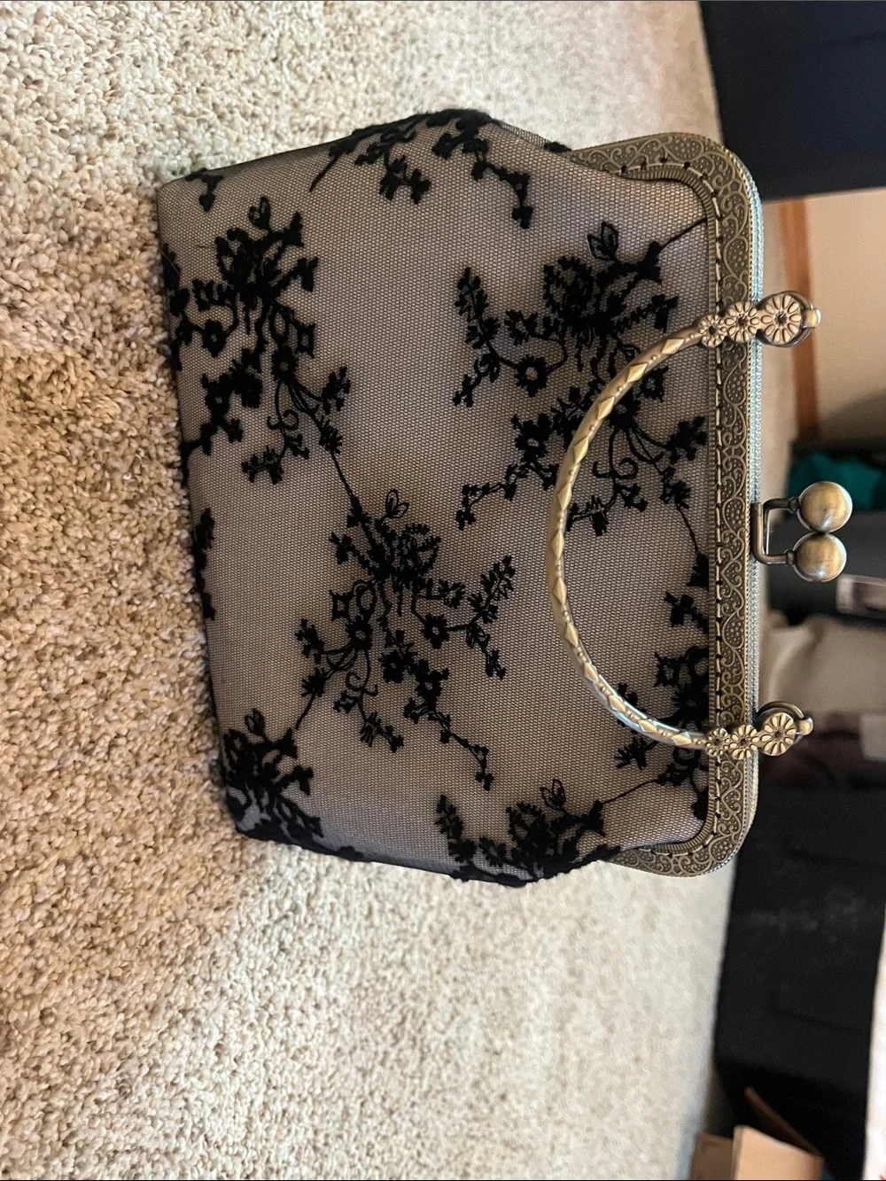 Black Lace Overlay Evening Clutch with Antique-Style Frame